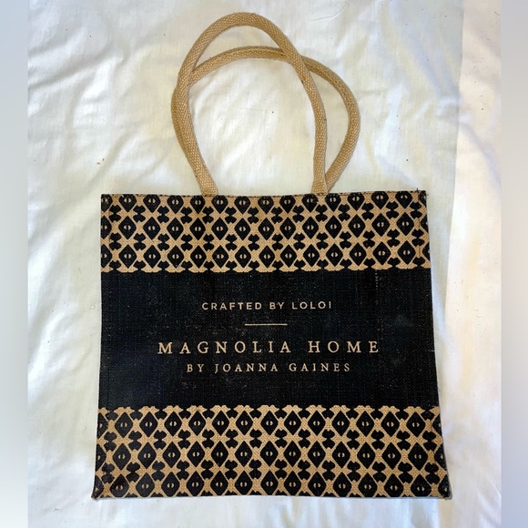 New Magnolia Home by Joanna Gaines black print burlap large tote bag - Picture 2 of 9